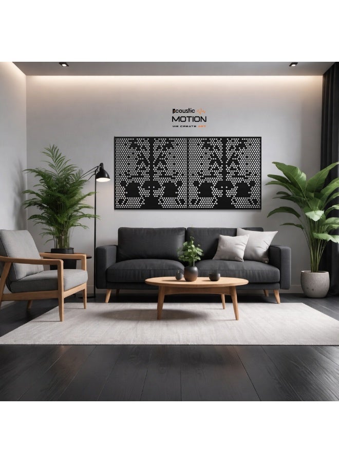 أكويستك موشان لوحات ديكور فنية جدارية خشبية من ACOUSTIC MOTION®، تصميم ECHO SCATTER مع شريط لاصق مزدوج الوجه، معلق على الحائط باللون الأسود الحديث للمنزل وغرفة المعيشة وغرفة النوم والمكتب والفندق، 25 × 50 × 0.5 سم، مجموعة مكونة من 4 قطع - Image 1
